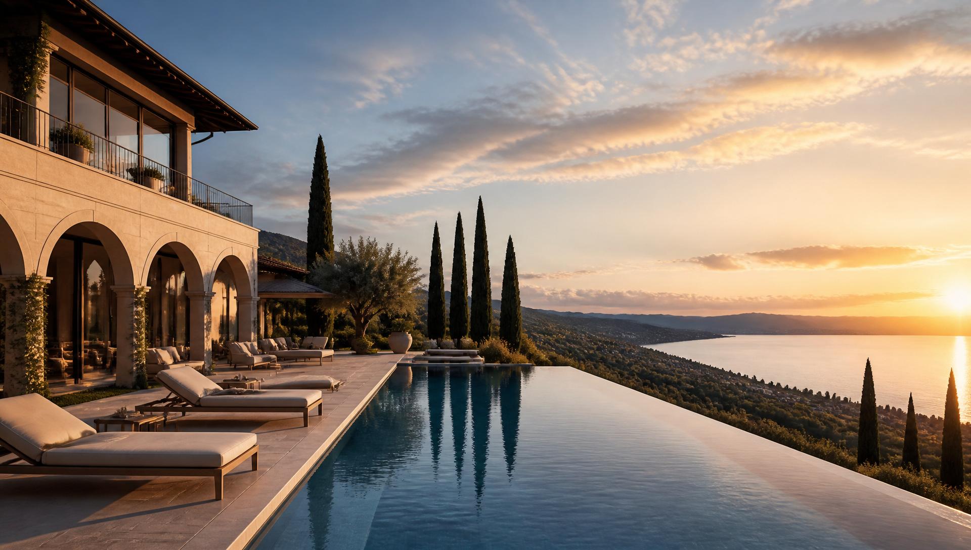 Villa di lusso con piscina a sfioro al tramonto